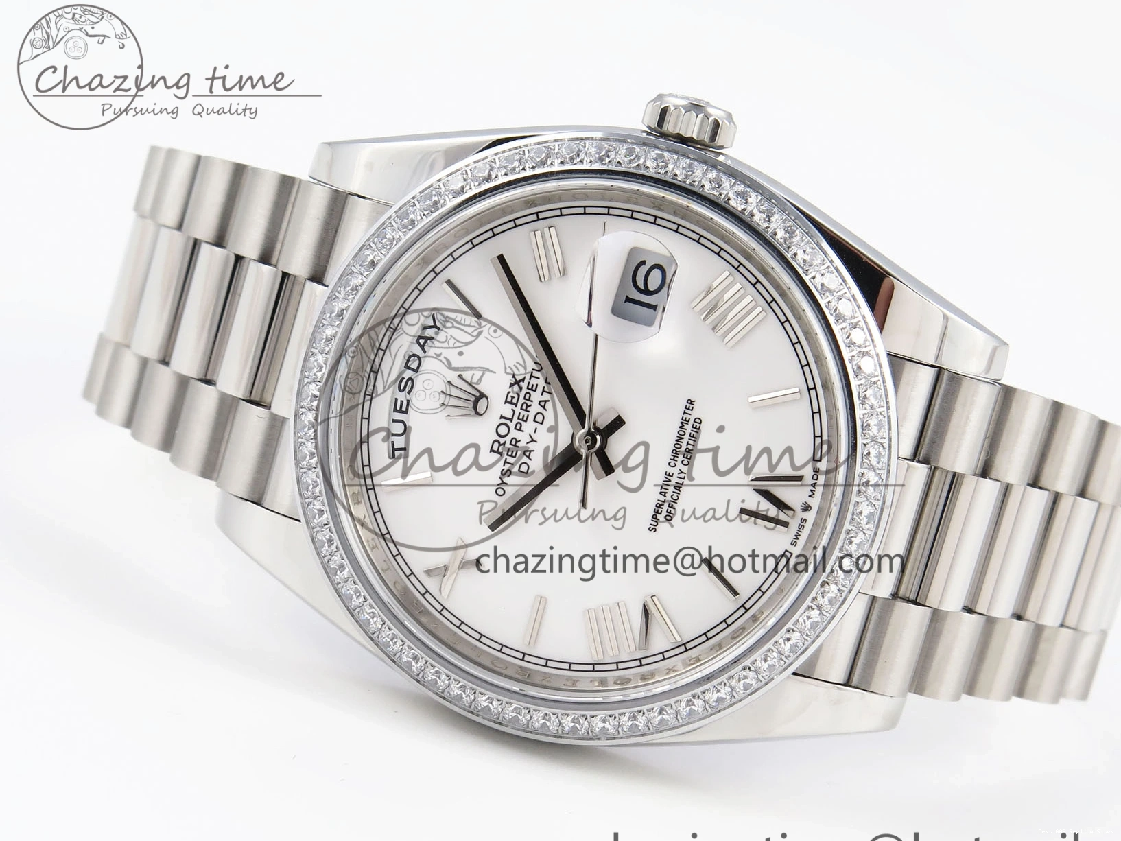 Good Copy Rolex Watches GSF Dial Bezel White Sustainable A 1920 40 SS Roman on Weight DayDate Diamonds Bracelet Gain President 1227